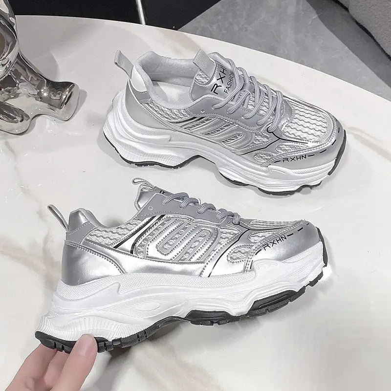 Women's platform sneakers with thick soles - White and red color scheme, breathable mesh and PU upper, EVA cushioned sole - Everyday lace-up casual shoes
