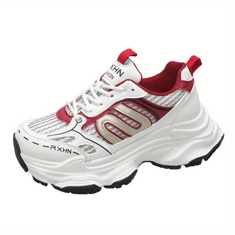 Women's platform sneakers with thick soles - White and red color scheme, breathable mesh and PU upper, EVA cushioned sole - Everyday lace-up casual shoes
