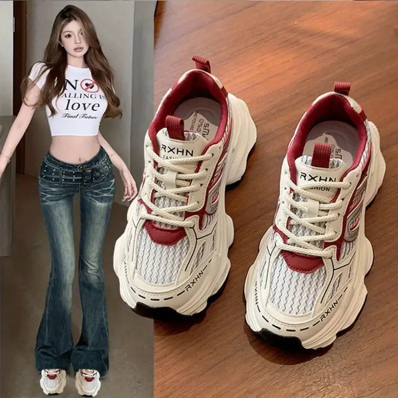 Women's platform sneakers with thick soles - White and red color scheme, breathable mesh and PU upper, EVA cushioned sole - Everyday lace-up casual shoes