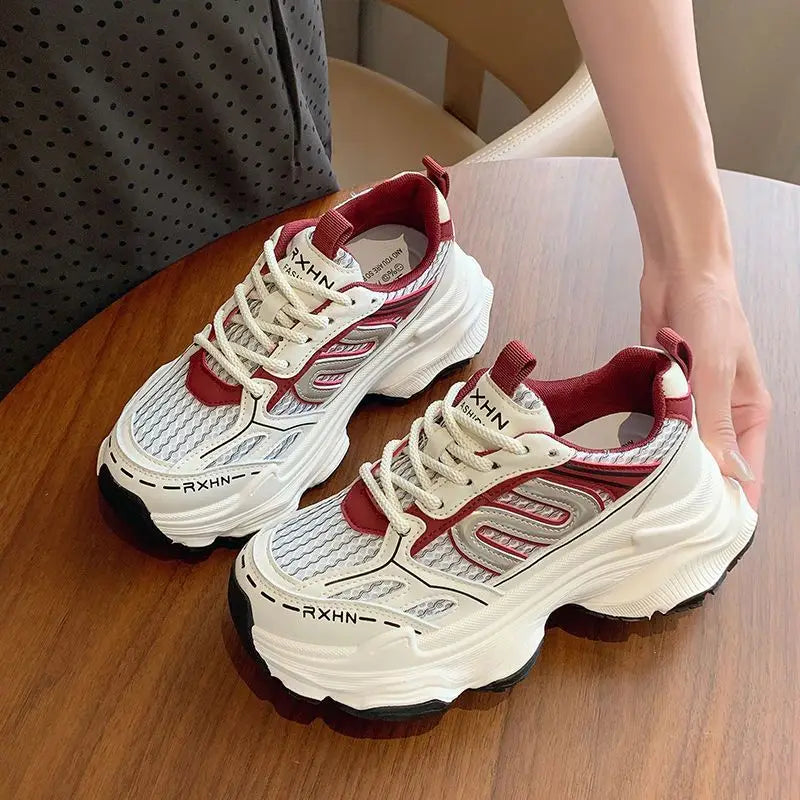 Women's platform sneakers with thick soles - White and red color scheme, breathable mesh and PU upper, EVA cushioned sole - Everyday lace-up casual shoes