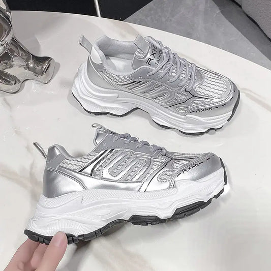Women's platform sneakers with thick soles - White and red color scheme, breathable mesh and PU upper, EVA cushioned sole - Everyday lace-up casual shoes